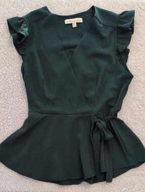 Monteau Forest Green Wrap Peplum Blouse